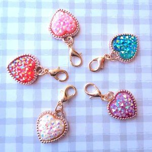 Set of 5 Heart stitch markers, sparkle heart stitch marker, lobster clasp